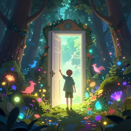 Digital anime-style illustration of a child standing in a glowing doorway, surrounded by colorful, bioluminescent flowers and birds in a dark, enchanted forest