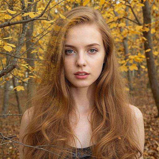 Photograph of a young woman with long, wavy auburn hair and pale skin, standing in an autumn forest with yellow leaves, looking directly