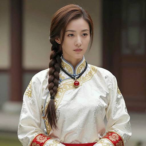 Asian Woman in Traditional White Silk Attire