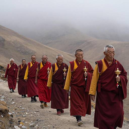 Elderly Tibetan Monks in Foggy Mountains