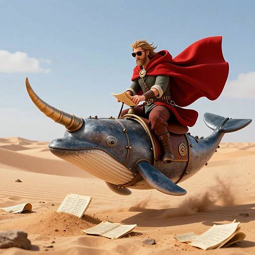 Photorealistic CGI: Blonde man with sunglasses, red cape, and medieval attire rides a blue, horned, mechanical whale through sandy desert, with