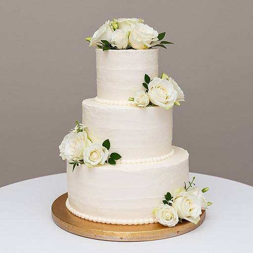 Photograph of a three-tiered white wedding cake adorned with white roses and green leaves, set on a gold round base against a gray background.