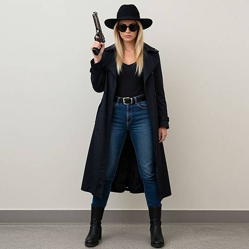 Photograph of a blonde woman in black hat, sunglasses, long coat, jeans, and boots, holding a gun, standing against a white wall.