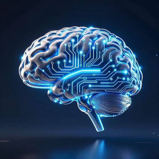 Digital CGI of a glowing blue neon human brain with intricate circuitry patterns, floating against a dark blue background.