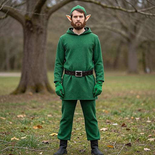 Photograph of a bearded man with pointed elf ears, wearing a green elf costume, gloves, and black boots, standing in a grassy,