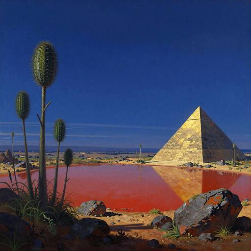 Photograph of a vividly colored pyramid with a reflective red pool, surrounded by cactus plants, under a deep blue sky.