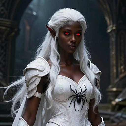 Female Drow Warrior with White Hair and Red Eyes