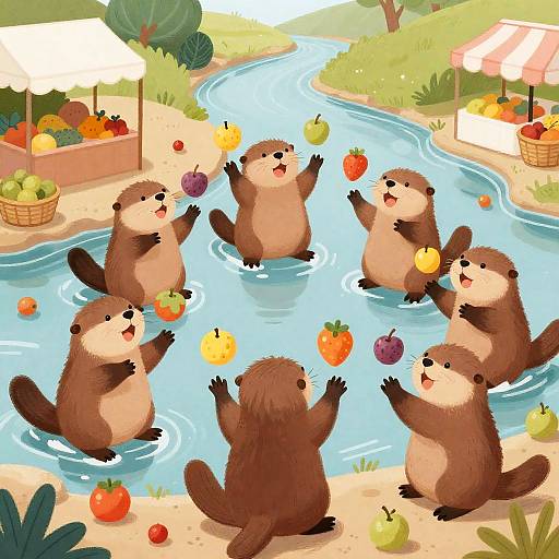 Playful Otters Juggling at Marketplace