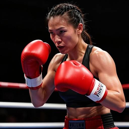 Photograph of an Asian female boxer with wet hair, wearing a black sports bra and red boxing gloves, in mid-punch in a brightly lit boxing