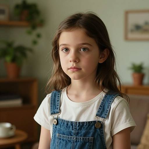 Photograph of a young girl with fair skin, brown hair, wearing denim overalls over a white shirt, standing in a warmly lit, potted