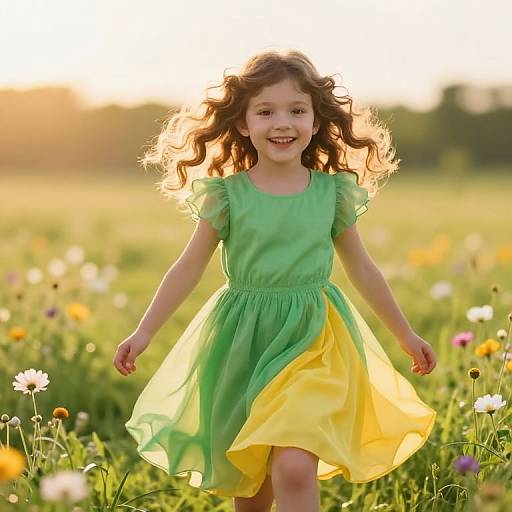 Photograph of a smiling young girl with wavy brown hair, wearing a green and yellow dress, running through a sunlit, colorful meadow.