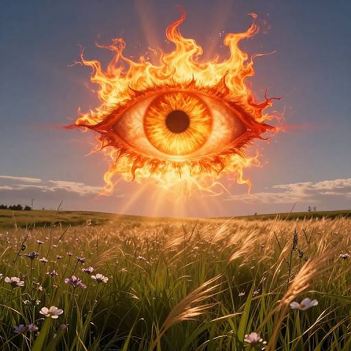 Photograph of a fiery, glowing eye hovering above a grassy field with wildflowers, under a clear blue sky at sunset.