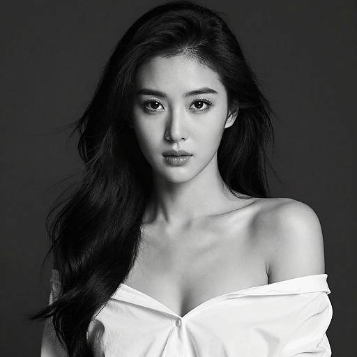 Monochrome photograph of an Asian woman with long, dark hair, wearing an off-shoulder white shirt, against a dark background.