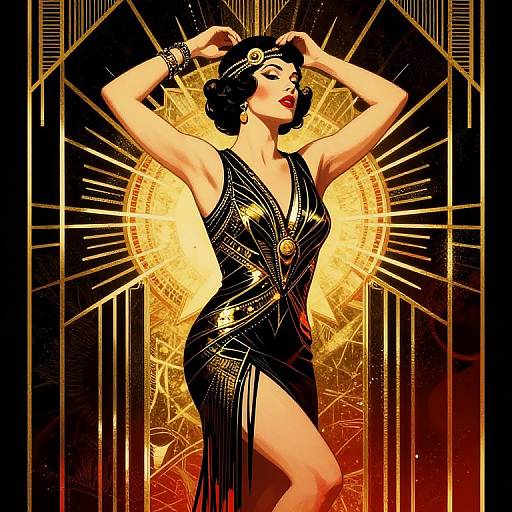 Digital art of a glamorous, fair-skinned woman in a black, sequined, sleeveless dress with a thigh-high slit, posing with arms raised
