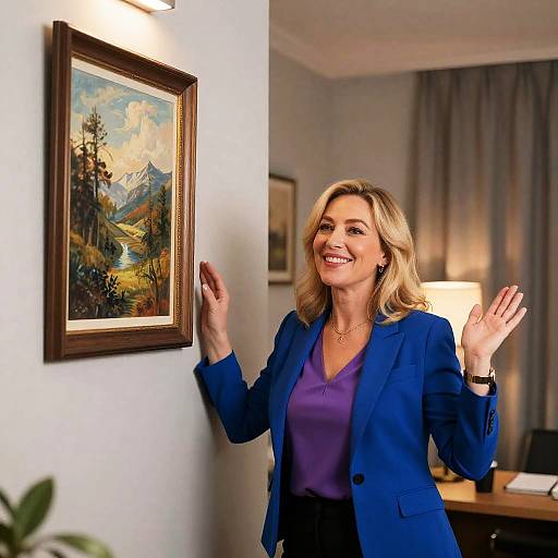 Smiling Woman in Blue Blazer Next to Framed Painting