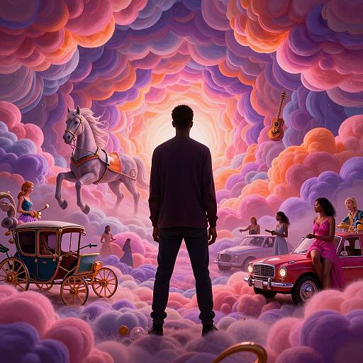 Silhouetted man stands in vibrant, cloud-filled scene with horse, vintage car, musicians, and colorful, swirling clouds in surreal artwork.