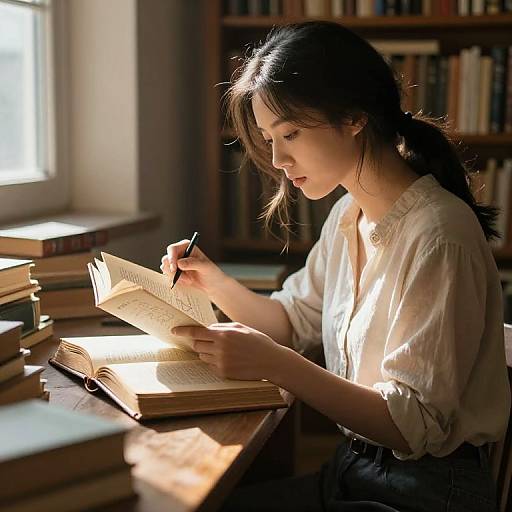 Photograph of a young woman with long dark hair in a ponytail, wearing a white blouse, writing in an open book at a sunlit wooden