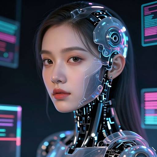 Photorealistic CGI of an Asian woman with a cybernetic head and neck, glowing blue and pink neon background, futuristic technology.