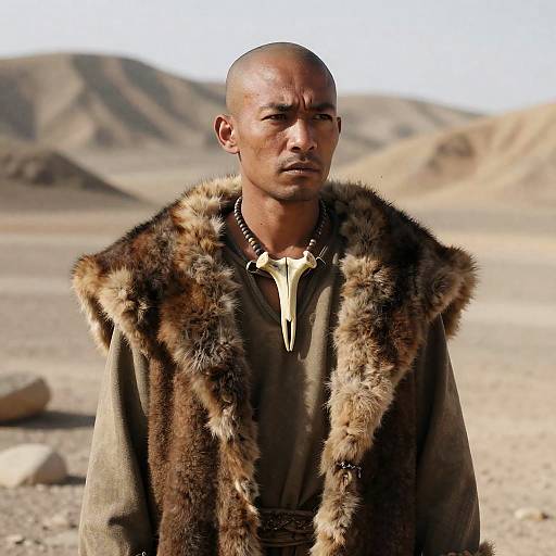 Serious Bald Man in Desert Landscape