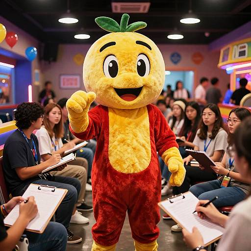 Photograph of a person in a yellow and red fuzzy chicken mascot costume, standing and waving in front of a seated audience of young people taking notes.