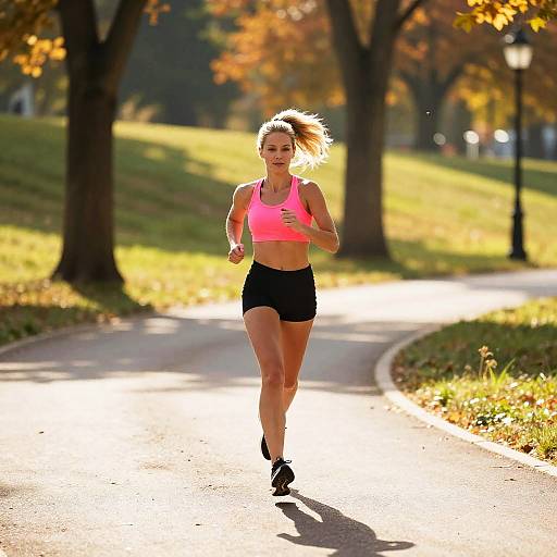 Woman Jogging on Sunlit Park Path
