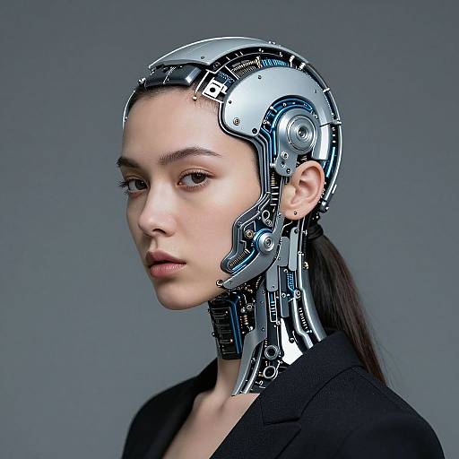 Digital artwork of a young woman with a cybernetic head, sleek metallic components, black jacket, and neutral expression against a gray background.