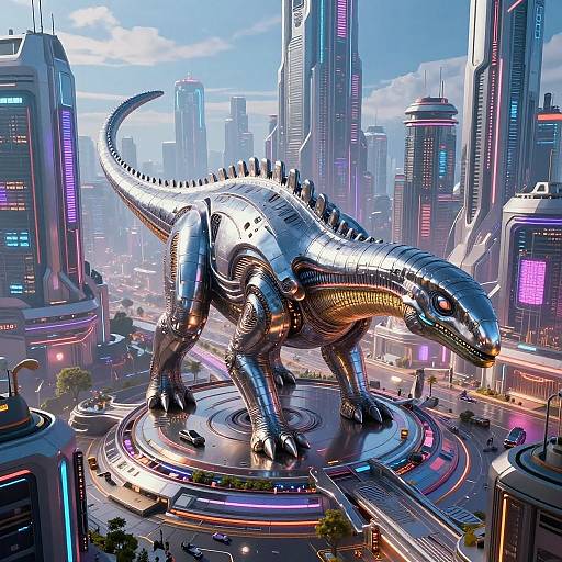 CGI image of a massive, shiny metallic dinosaur statue in a futuristic, neon-lit city with towering skyscrapers and busy streets.
