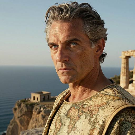Photograph of mature, grey-haired man with intense gaze, wearing ornate, golden-patterned robe, standing against a coastal cliff and blue sea backdrop
