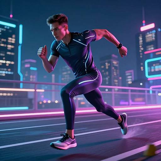 Photorealistic CGI of a muscular man in black athletic wear jogging at night on a neon-lit city street, with glowing skyscrapers in the