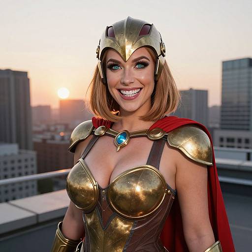 Photograph-style CGI of a smiling woman with blue eyes, wearing gold armor, red cape, and helmet, standing on rooftop at sunset. Urban city