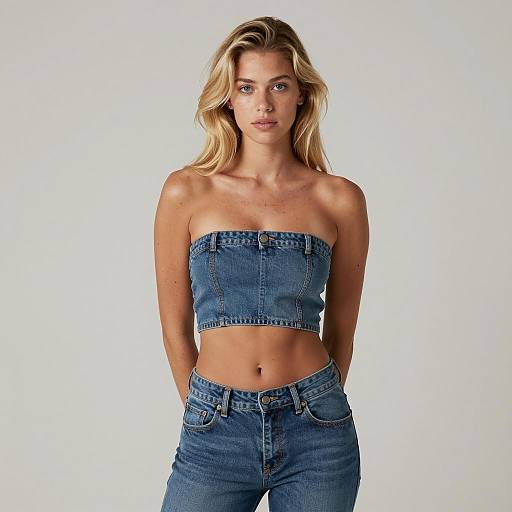 Blonde Girl in Denim with Bare Shoulders
