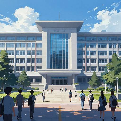 Anime-style University Building with Students