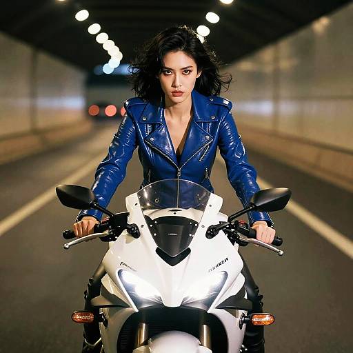 Photograph of a fierce woman with dark curly hair, wearing a blue leather jacket, riding a white motorcycle in a tunnel, with bright lights in the