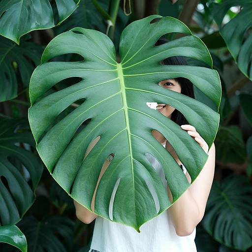 Photograph of an Asian woman with black hair, partially hidden behind a large green Monstera leaf, holding it with both hands.