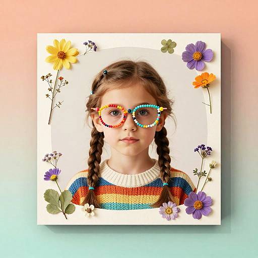 Child Portrait with Beaded Glasses and Wildflower Frame