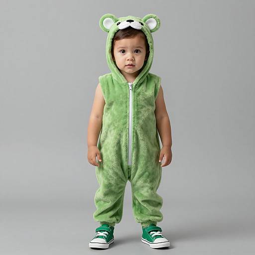 Toddler in Green Bear Onesie Costume