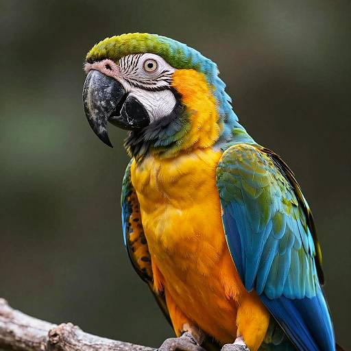 Photograph of a vibrant blue-and-yellow macaw with green head feathers, black beak, and yellow chest, perched on a branch against a