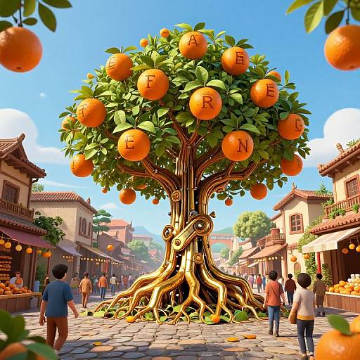 Digital illustration of a giant orange tree with currency symbols on fruits, standing in a sunny, bustling marketplace with people and traditional buildings.