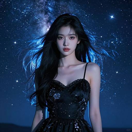 Photograph of an Asian woman with long black hair, wearing a black, sparkly dress, standing against a starry night sky background with a Milky