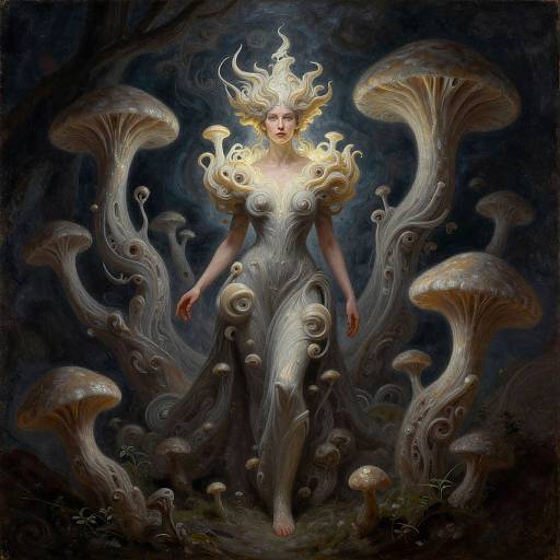 Digital fantasy artwork: Ethereal, fair-skinned woman with golden, flame-like hair, wearing a flowing, ornate white dress, surrounded by large