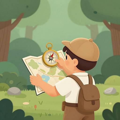 Cartoon illustration of a boy in a beige cap, white shirt, brown pants, and backpack, using a compass to navigate a green forest.