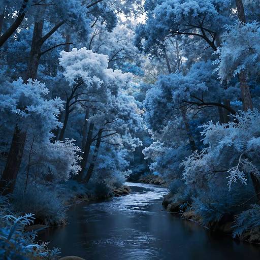 Surreal Blue Cloud-Forest River Scene