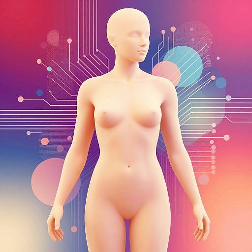 CGI image of a nude, bald, white, featureless humanoid figure with small breasts and no genitals, set against a vibrant, neon-colored,