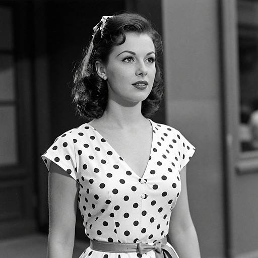 Black-and-white photograph of a 1940s-style woman with dark, wavy hair, wearing a polka dot dress, pearl earrings, and
