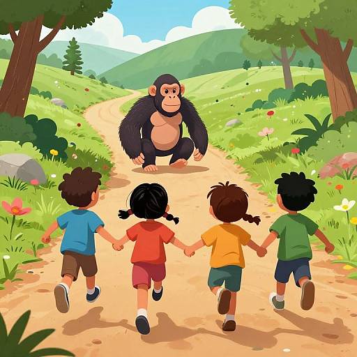 Children and Ape Running in Colorful Riot