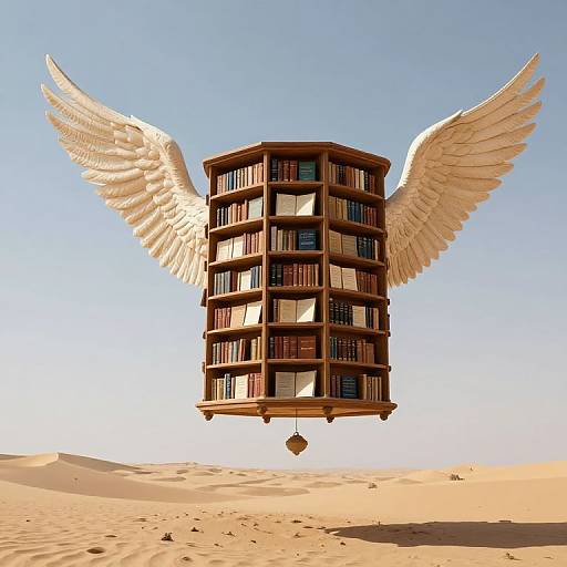 Floating Ancient Library in Desert Sky