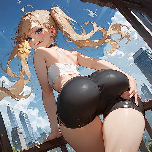 Anime Girl Lifting Butt in Cityscape