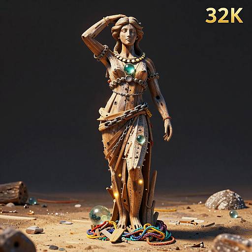 Driftwood Goddess Beach Statue in Sunlight