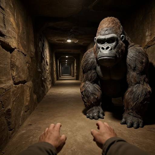 Photorealistic CGI of a large, menacing gorilla with dark fur and intense expression, looming in a dimly lit, narrow stone tunnel, hands