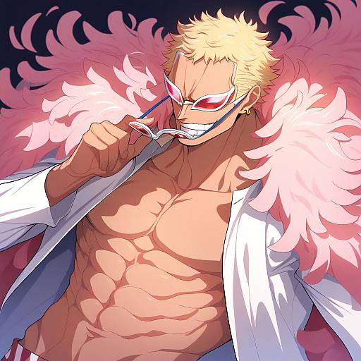 Illustration of Donquixote doflamingo, one piece in the style of Miko (royal milk)